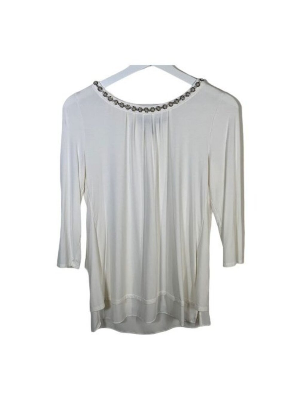 White House Black Market Blouse Womens XS Cream Beaded Neck Quiet Luxury